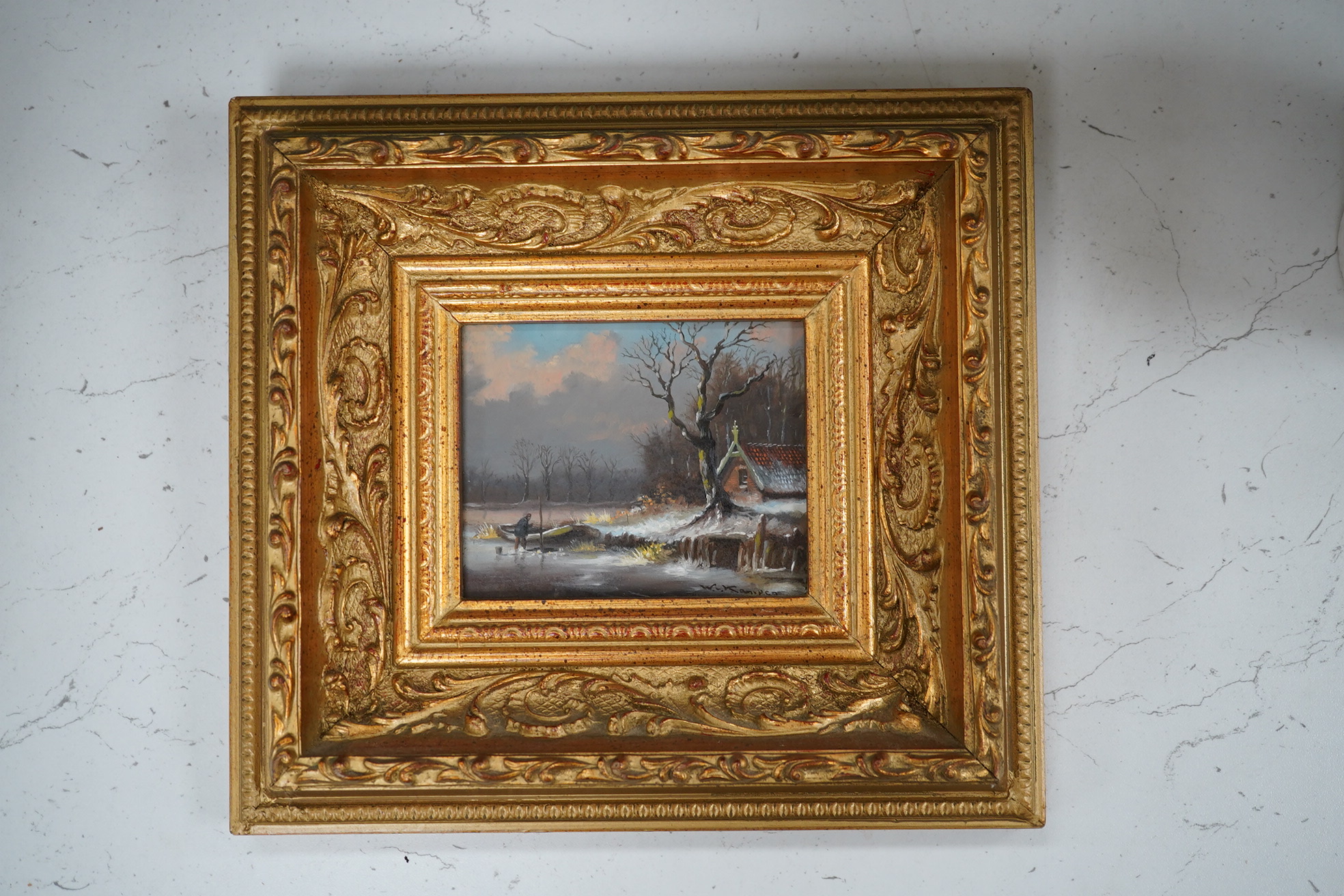 Contemporary Dutch school, pair of oils on board, winter scenes with figures skating, indistinctly signed P. kavcrcamp?, ornate gilt framed, 8 x 10cm. Condition - good